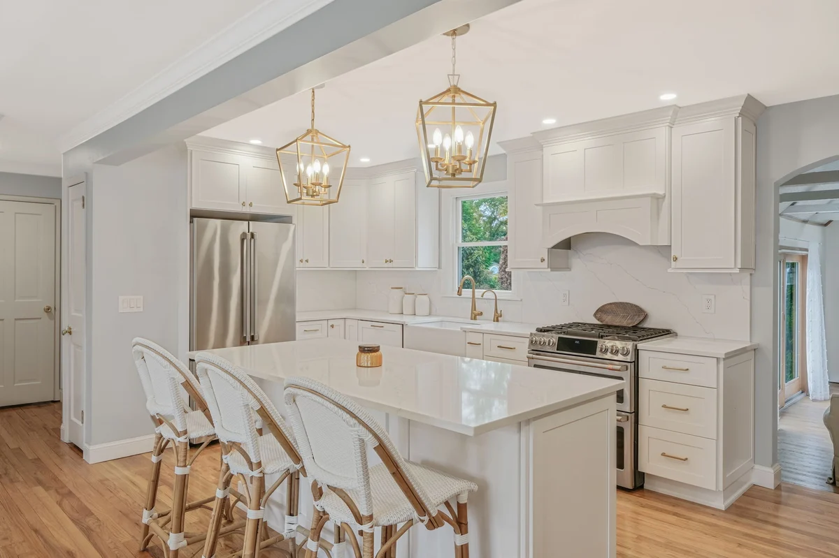 remodeled open kitchen with beam